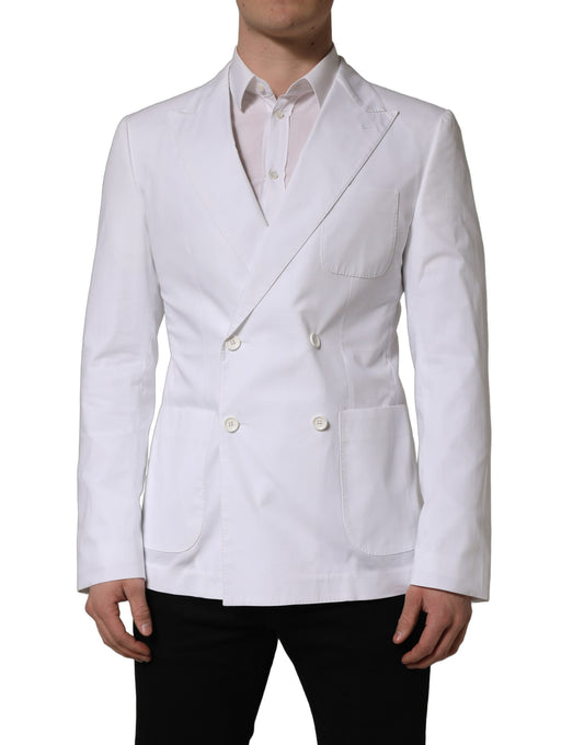 Blazer by Dolce & Gabbana for men in silk & cotton white features an sartorial silhouette, showcasing a sophisticated wrap double-breasted neckline and sartorial for a truly sartorial finish.