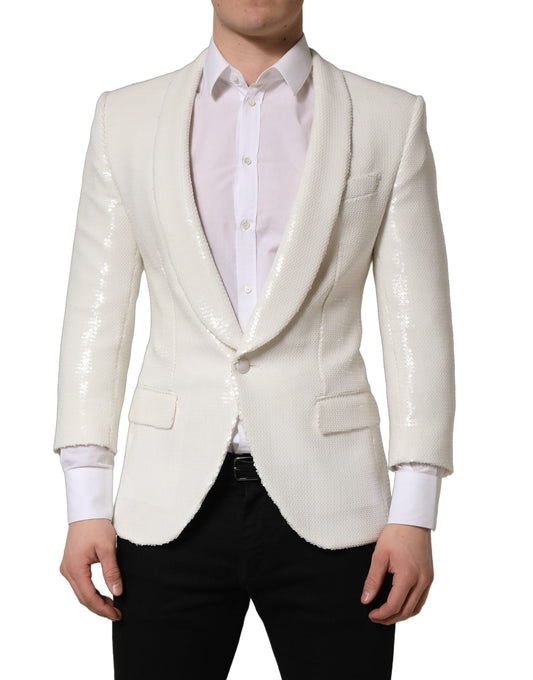 Blazer by Dolce & Gabbana for men in polyester viscose & nylon white showcases a discerning silhouette, elegantly detailed with a sophisticated wrap single-breasted neckline and premium for a truly discerning finish.