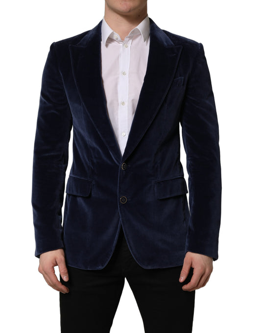 Blazer by Dolce & Gabbana for men in cotton silk velvet & viscose blue presents a distinguished silhouette, detailed with a distinguished wrap single-breasted neckline and distinctive for a truly sophisticated finish.