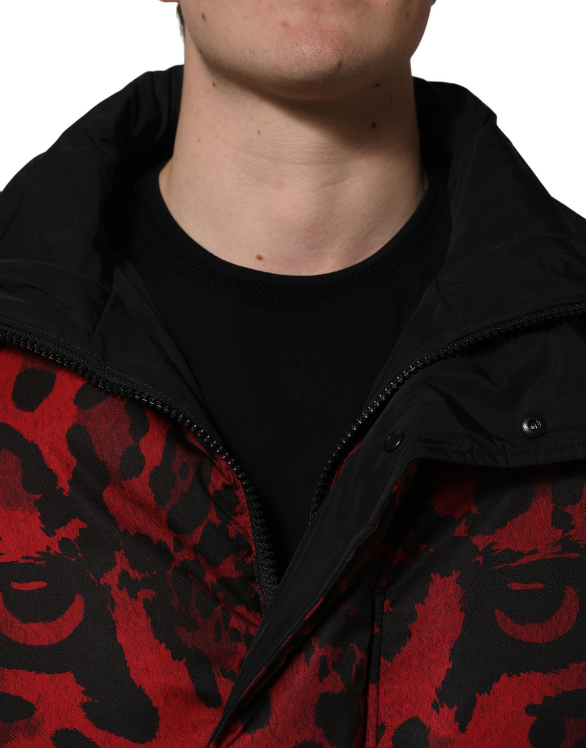 Dolce & Gabbana Men's Reversible Polyester Puffer Jacket - Animal Black Red Print