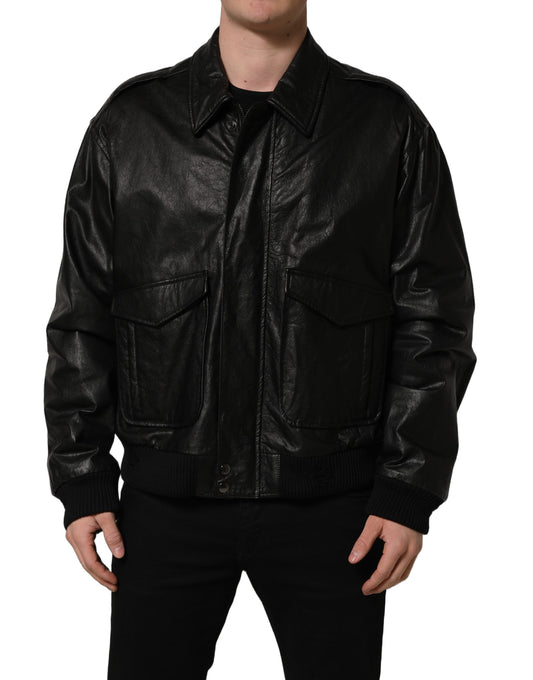 Jacket by Dolce & Gabbana for men in leather black features a smart silhouette, perfectly accentuated by its unique wrap neckline and functional for a smart finish.