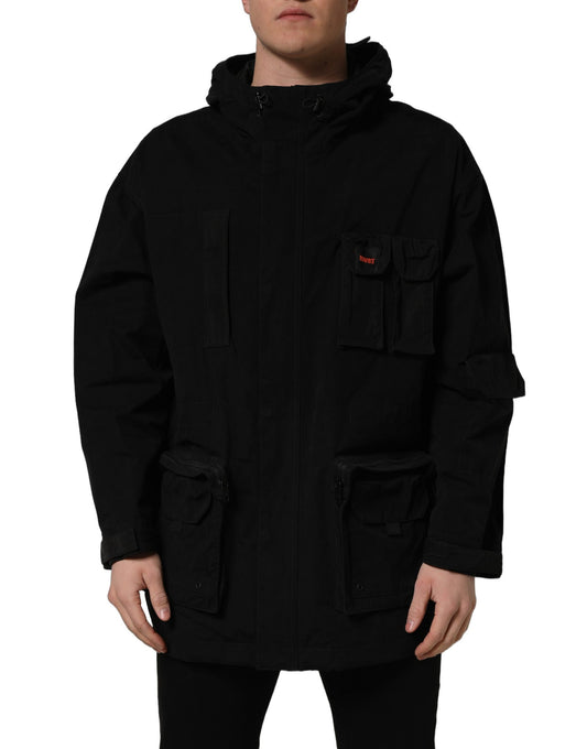 Hooded Windbreaker Jacket by Dolce & Gabbana for men in nylon & polyester black features an magnificent silhouette, showcasing the sophisticated wrap hooded neckline and functional hooded & windproof for a premium, magnificent look.