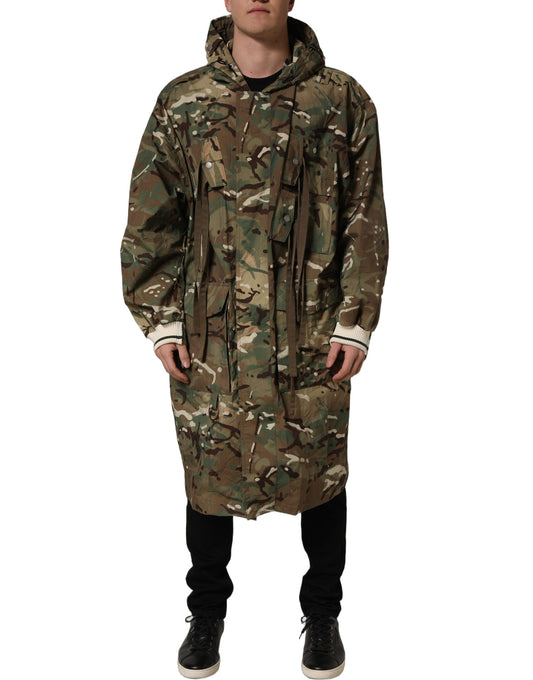 Hooded Overcoat by Dolce & Gabbana for men in nylon multicolor & camouflage features an voluminous silhouette, showcasing distinct hooded & water-resistant and a voluminous wrap hooded neckline for a truly voluminous aesthetic.
