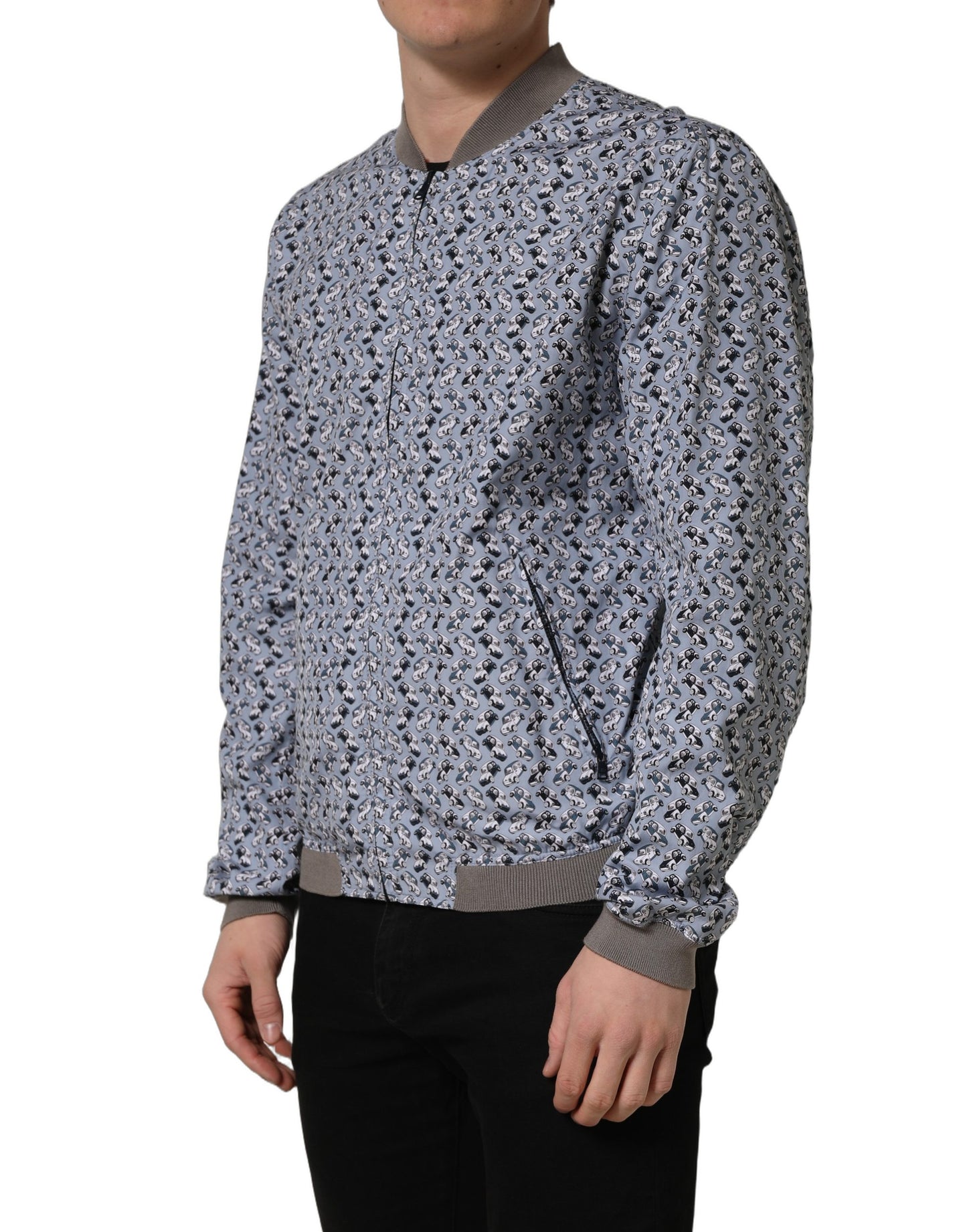 Dolce & Gabbana Light Blue Cotton Car Print Bomber Jacket