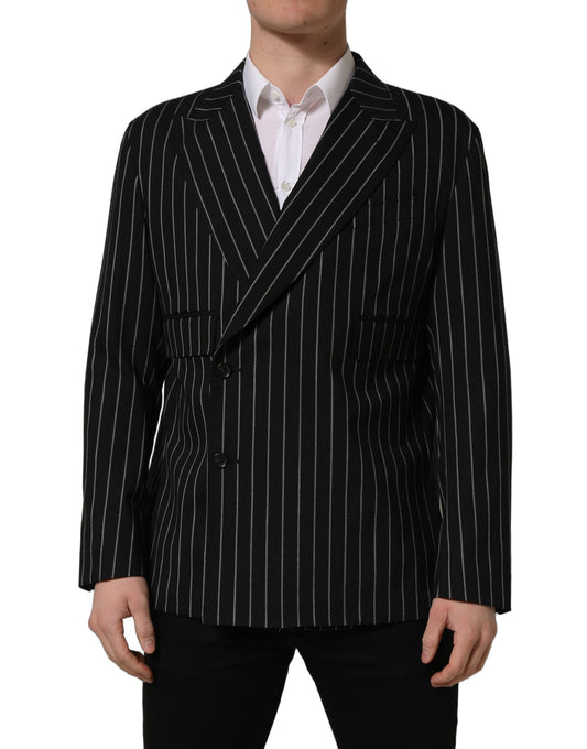 Blazer by Dolce & Gabbana for men in virgin wool & silk black, white & striped features an stylish silhouette, showcasing a sophisticated wrap double-breasted neckline and stylish for a truly stylish finish.
