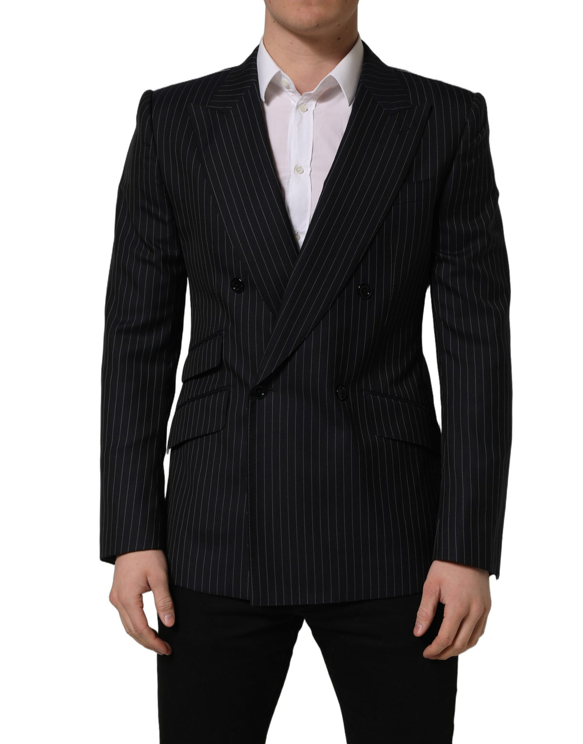 Dolce & Gabbana Men's Double Breasted Wool & Silk Blazer - Black White Striped