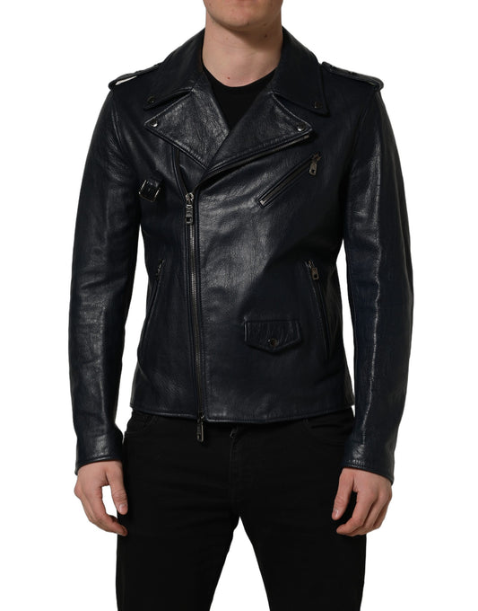 Jacket by Dolce & Gabbana for men in goatskin leather & silk black presents a impeccable silhouette, showcasing distinct and a impeccable wrap neckline for a sophisticated finish.