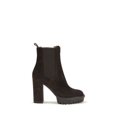 Platform Ankle Boots by Gianvito Rossi for women in bos taurus calf suede leather brown showcases a ergonomic silhouette from the Women's Bos Taurus Calf Suede Leather Platform Ankle Boots collection, featuring a ergonomic platform block-heel and a ergonomic round toe style.