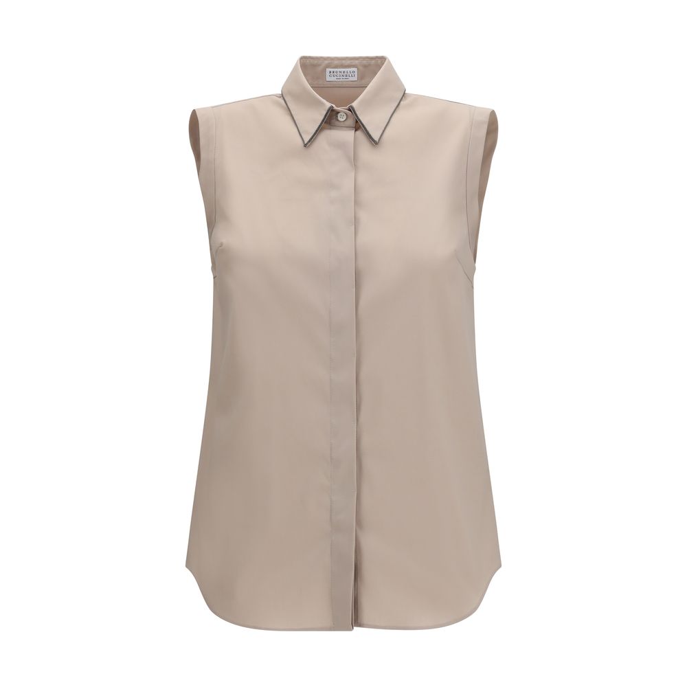 Shirt by Brunello Cucinelli for women in stretch polyamide cotton beige & signature presents a discerning silhouette, showcasing a sophisticated and sleeveless for a truly discerning finish.