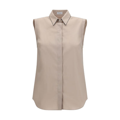 Shirt by Brunello Cucinelli for women in stretch polyamide cotton beige & signature presents a discerning silhouette, showcasing a sophisticated and sleeveless for a truly discerning finish.
