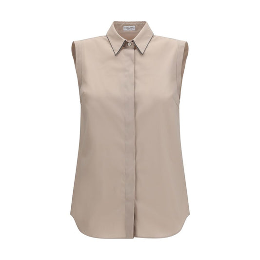 Shirt by Brunello Cucinelli for women in stretch polyamide cotton beige & signature presents a discerning silhouette, showcasing a sophisticated and sleeveless for a truly discerning finish.
