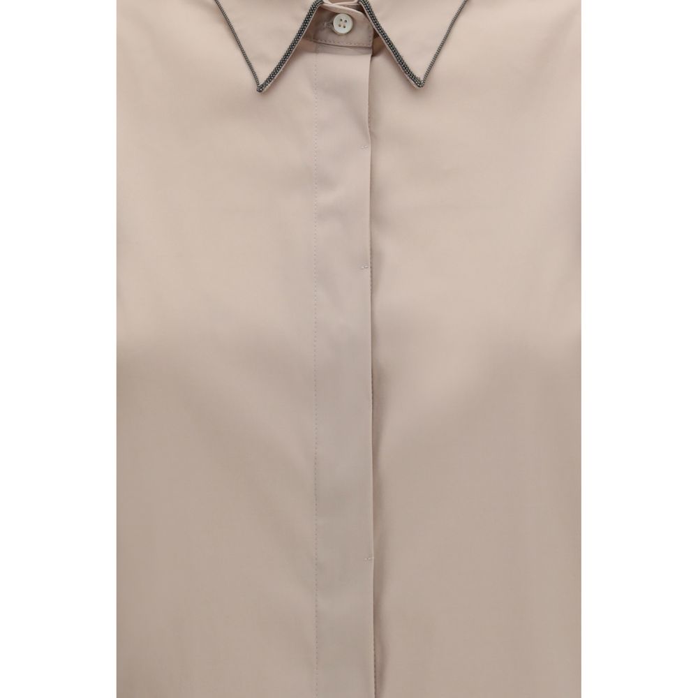 Shirt by Brunello Cucinelli for women in stretch polyamide cotton beige & signature showcases a sharp silhouette, elegantly detailed with a sharp and sharp .
