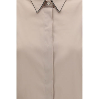 Shirt by Brunello Cucinelli for women in stretch polyamide cotton beige & signature showcases a sharp silhouette, elegantly detailed with a sharp and sharp .
