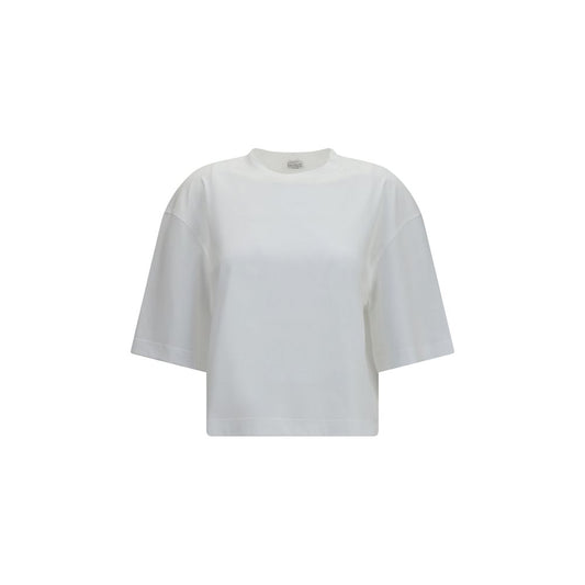 T-Shirt by Brunello Cucinelli for women in cotton white showcases a dramatic silhouette, elegantly detailed with a dramatic round neckline and short-sleeve for a truly dramatic finish.