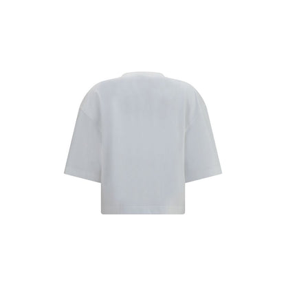 T-Shirt by Brunello Cucinelli for women in cotton white showcases a fashionable silhouette, elegantly detailed with a fashionable and round neckline for a sophisticated, high-fashion look.