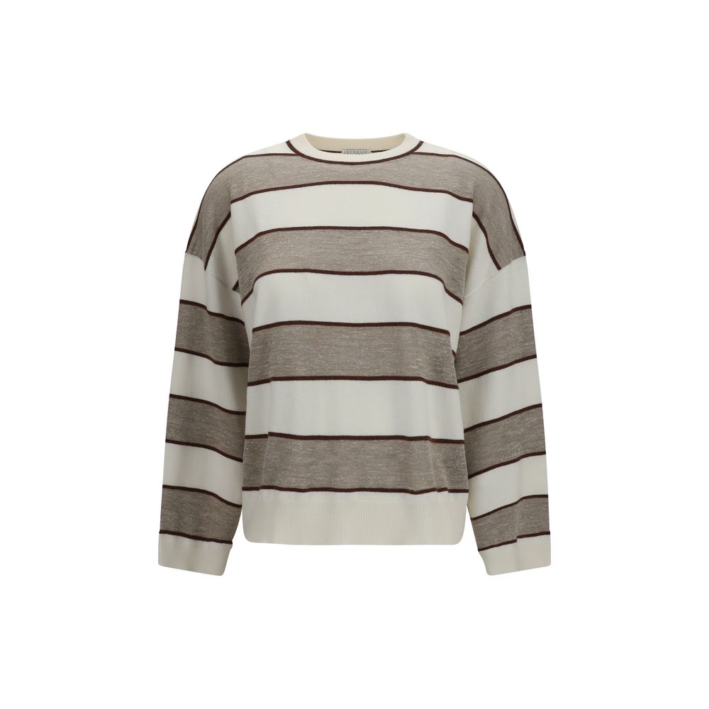 Sweatshirt by Brunello Cucinelli for women in silk cashmere & merino wool beige, patterned & striped features an exquisite silhouette, showcasing long-sleeve and round neckline details for a exquisite look.