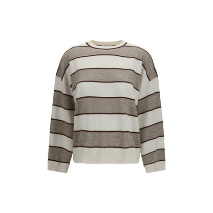 Sweatshirt by Brunello Cucinelli for women in silk cashmere & merino wool beige, patterned & striped features an exquisite silhouette, showcasing long-sleeve and round neckline details for a exquisite look.