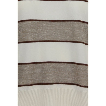 Sweatshirt by Brunello Cucinelli for women in silk cashmere & merino wool beige, patterned & striped showcases a slouchy chic silhouette, artfully detailed with a slouchy chic and for a slouchy chic finish.