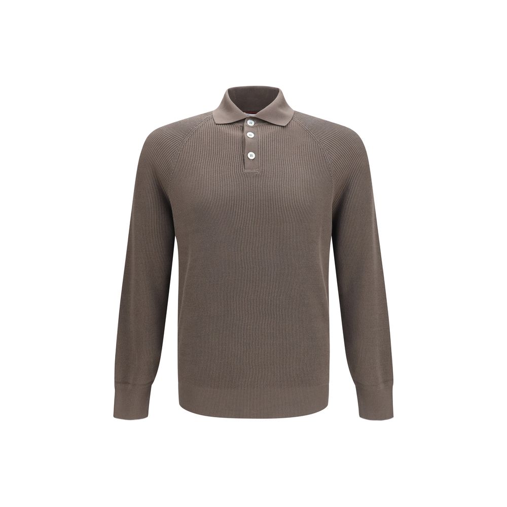 Polo Shirt by Brunello Cucinelli for men in cotton brown showcases a sharp silhouette, detailed with a refined and sharp long-sleeve for a sophisticated finish.