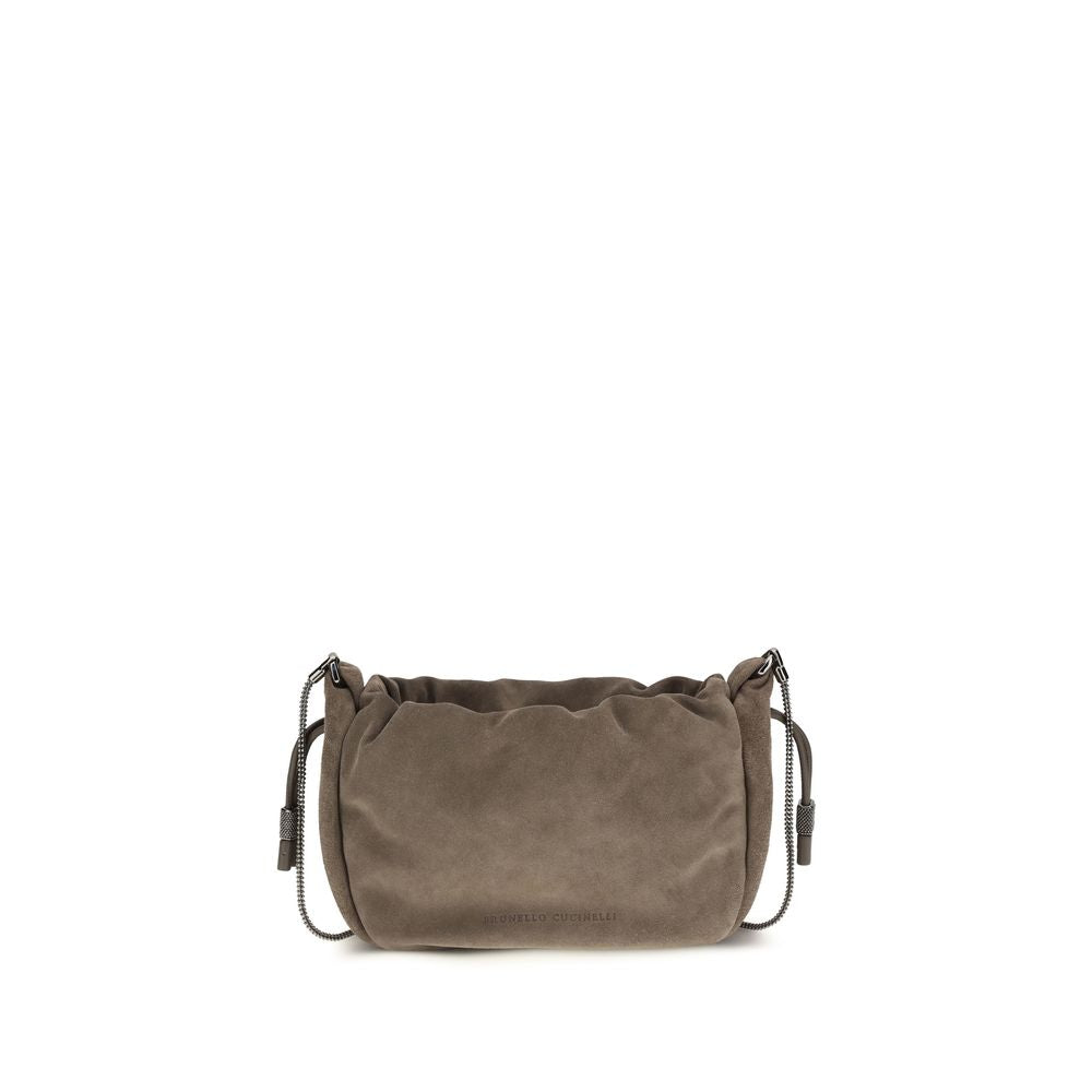 Shoulder Drawstring Bag by Brunello Cucinelli for women in bos taurus calf nappa & suede leather brown showcases a enviable silhouette, artfully detailed with a secure drawstring, organized cardholder, and versatile shoulder-strap for a enviable look.