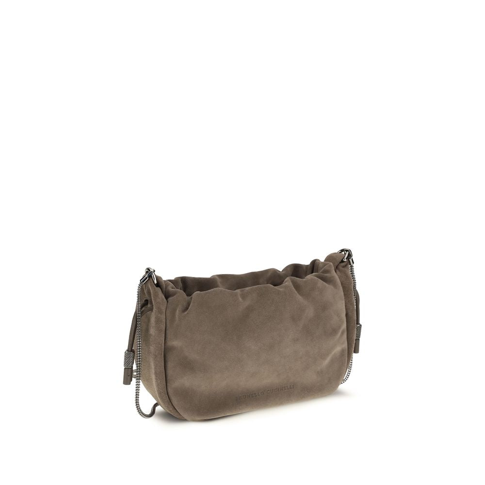 Shoulder Drawstring Bag by Brunello Cucinelli for women in bos taurus calf nappa & suede leather brown features an effortlessly chic silhouette with a secure drawstring, ample cardholder, and versatile shoulder-strap for effortlessly chic everyday luxury.