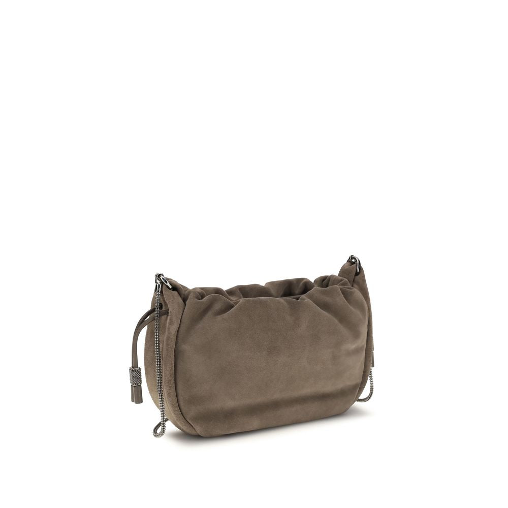 Shoulder Drawstring Bag by Brunello Cucinelli for women in bos taurus calf nappa & suede leather brown presents a versatile silhouette, showcasing a secure drawstring and versatile cardholder with versatile shoulder-strap for a sophisticated look.