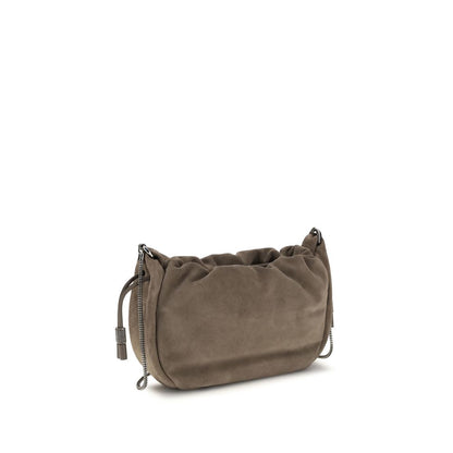 Shoulder Drawstring Bag by Brunello Cucinelli for women in bos taurus calf nappa & suede leather brown presents a versatile silhouette, showcasing a secure drawstring and versatile cardholder with versatile shoulder-strap for a sophisticated look.