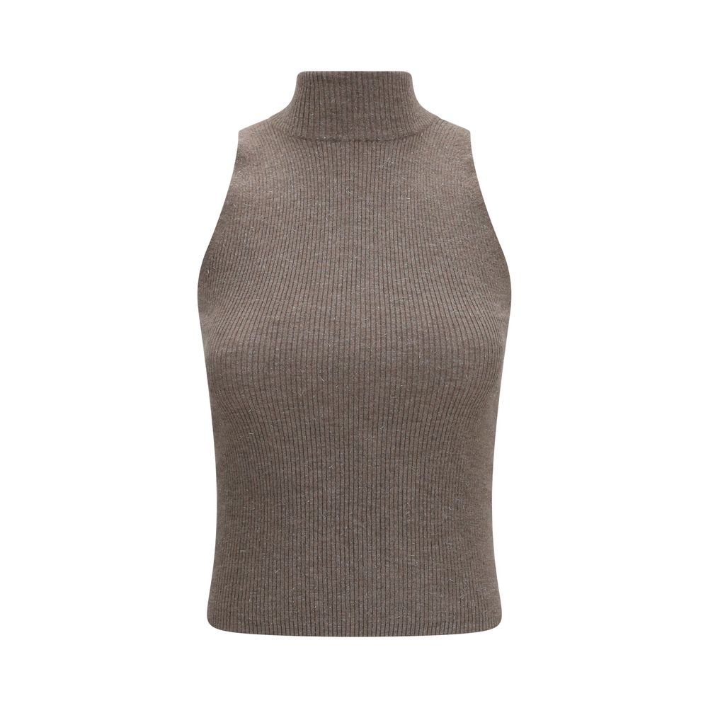 Sweater by Brunello Cucinelli for women in viscose cashmere & capra leather brown showcases a downtown chic silhouette, artfully finished with a downtown chic turtle high-neck neckline and sleeveless for a sophisticated, high-end look.
