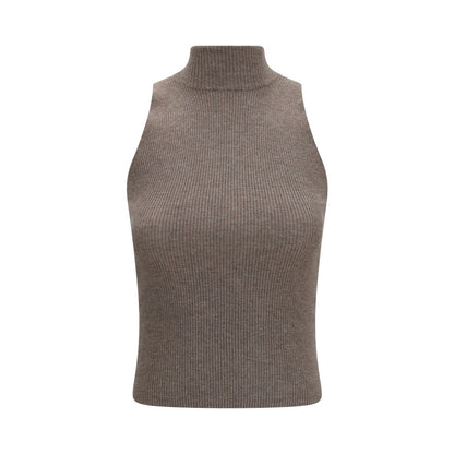 Sweater by Brunello Cucinelli for women in viscose cashmere & capra leather brown showcases a downtown chic silhouette, artfully finished with a downtown chic turtle high-neck neckline and sleeveless for a sophisticated, high-end look.