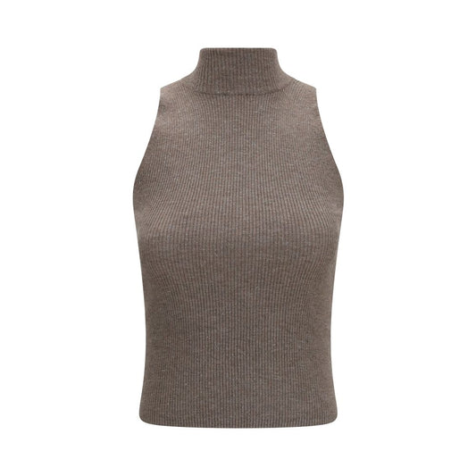 Sweater by Brunello Cucinelli for women in viscose cashmere & capra leather brown showcases a downtown chic silhouette, artfully finished with a downtown chic turtle high-neck neckline and sleeveless for a sophisticated, high-end look.