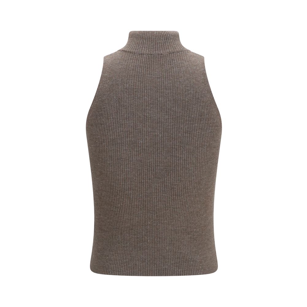 Sweater by Brunello Cucinelli for women in viscose cashmere & capra leather brown showcases a sumptuous silhouette, artfully finished with a sumptuous turtle high-neck neckline and for a sophisticated, sumptuous look.