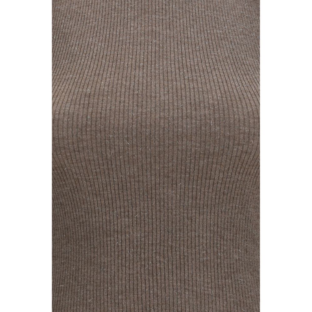 Sweater by Brunello Cucinelli for women in viscose cashmere & capra leather brown showcases a discreet silhouette, finished with a discreet and for a discreet look.
