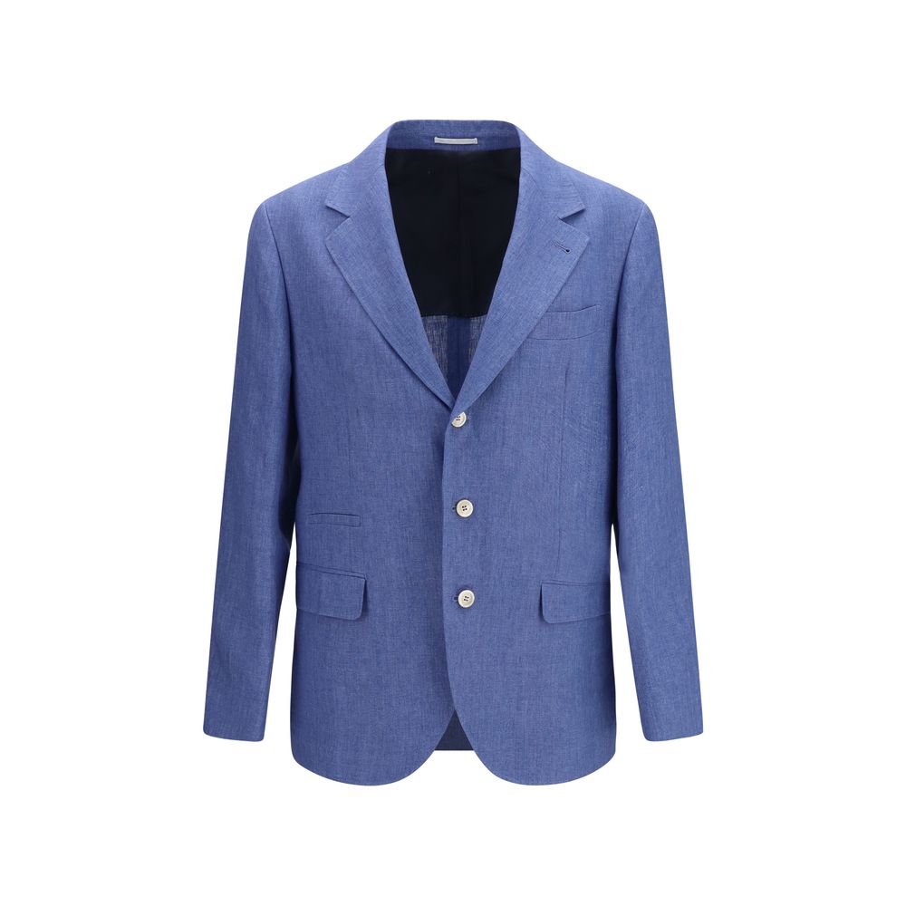 Overcoat by Brunello Cucinelli for men in linen blue & natural features a cosy chic silhouette, artfully detailed with a sophisticated and premium lightweight & pockets for a cosy chic finish.