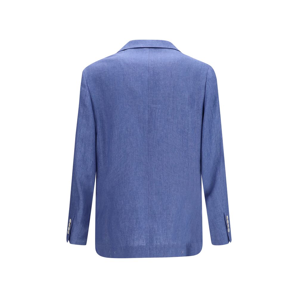 Overcoat by Brunello Cucinelli for men in linen blue & natural features an voluminous silhouette, showcasing distinct lightweight & pockets and a voluminous for a truly voluminous aesthetic.