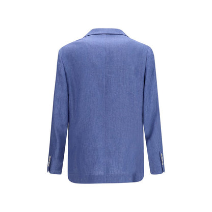 Overcoat by Brunello Cucinelli for men in linen blue & natural features an voluminous silhouette, showcasing distinct lightweight & pockets and a voluminous for a truly voluminous aesthetic.