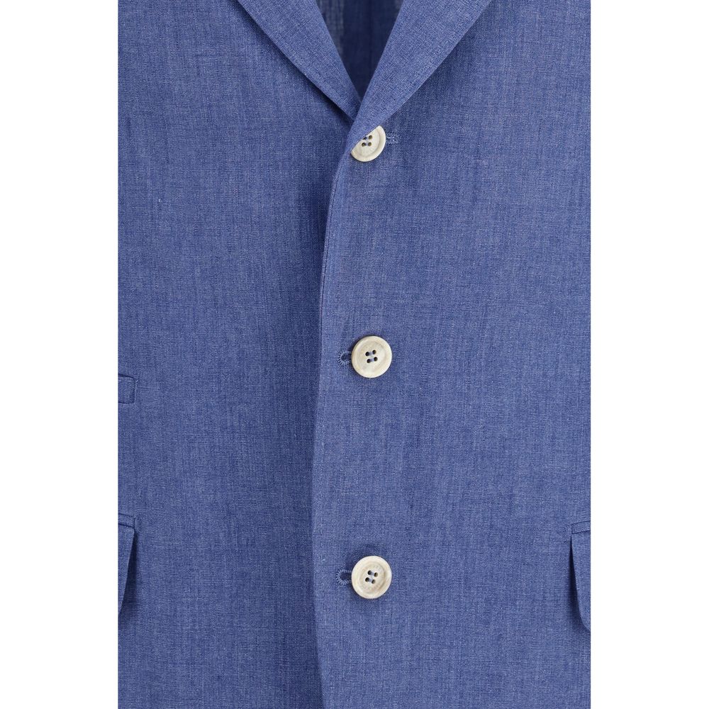 Overcoat by Brunello Cucinelli for men in linen blue & natural features an satoral silhouette, showcasing a sophisticated and satoral lightweight & pockets for a premium, timeless look.