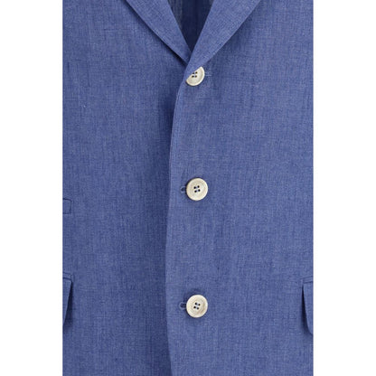 Overcoat by Brunello Cucinelli for men in linen blue & natural features an satoral silhouette, showcasing a sophisticated and satoral lightweight & pockets for a premium, timeless look.