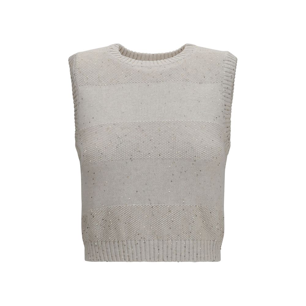Sweatshirt by Brunello Cucinelli for women in polyester cotton & sequins beige features an magnificent silhouette, showcasing a sophisticated round neckline and sleeveless detail for a truly magnificent finish.