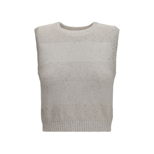Sweatshirt by Brunello Cucinelli for women in polyester cotton & sequins beige features an magnificent silhouette, showcasing a sophisticated round neckline and sleeveless detail for a truly magnificent finish.