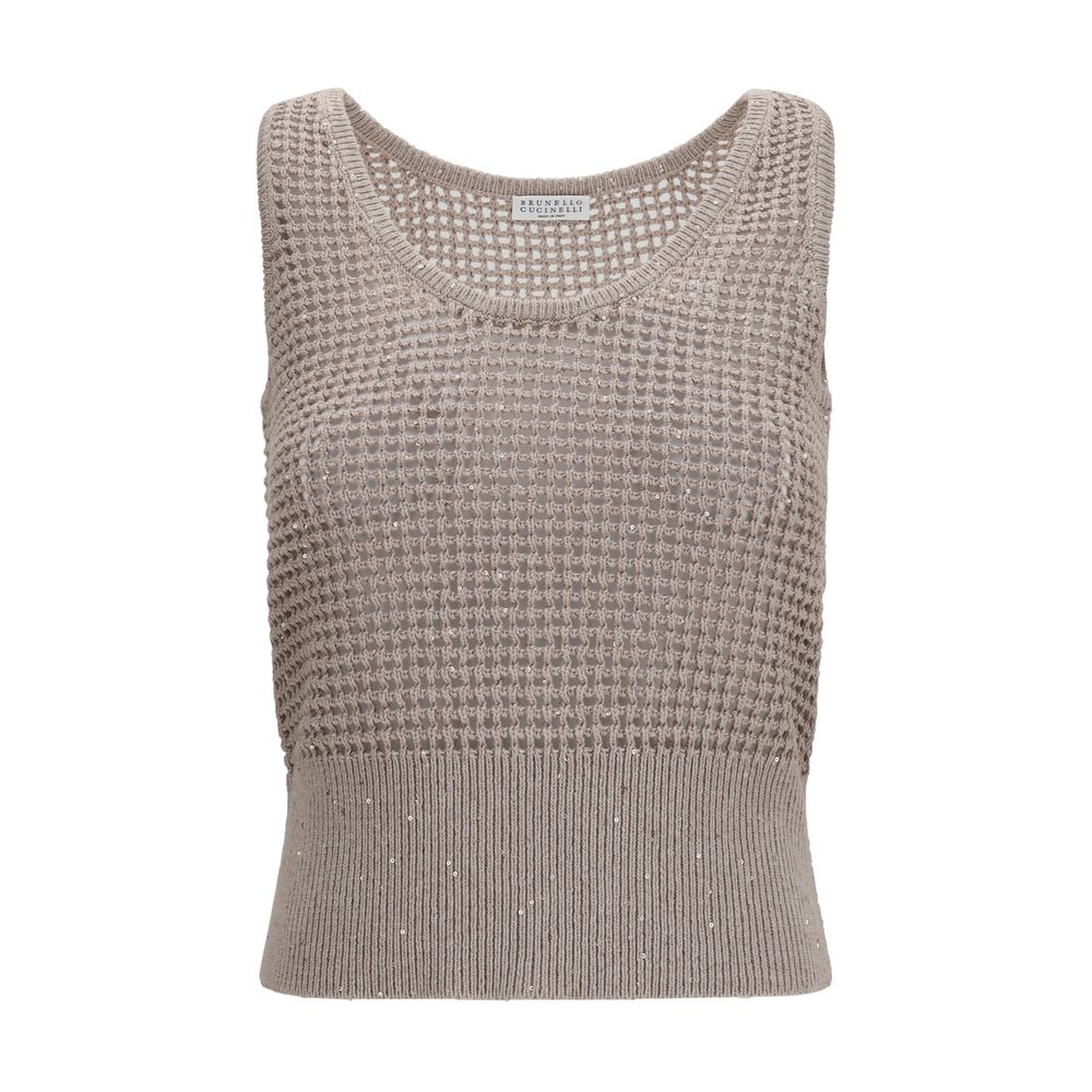 Tank Top by Brunello Cucinelli for women in polyester cotton & sequins beige & natural showcases a perennial silhouette, artfully detailed with a sleeveless design and a perennial round neckline.