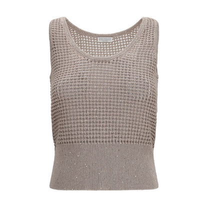 Tank Top by Brunello Cucinelli for women in polyester cotton & sequins beige & natural showcases a perennial silhouette, artfully detailed with a sleeveless design and a perennial round neckline.