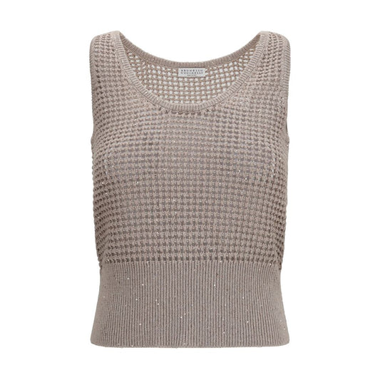 Tank Top by Brunello Cucinelli for women in polyester cotton & sequins beige & natural showcases a perennial silhouette, artfully detailed with a sleeveless design and a perennial round neckline.