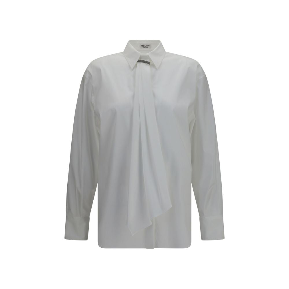 Dress Shirt by Brunello Cucinelli for women in stretch polyamide cotton white showcases a sleek silhouette, elegantly detailed with a sleek and long-sleeve for a sleek finish.