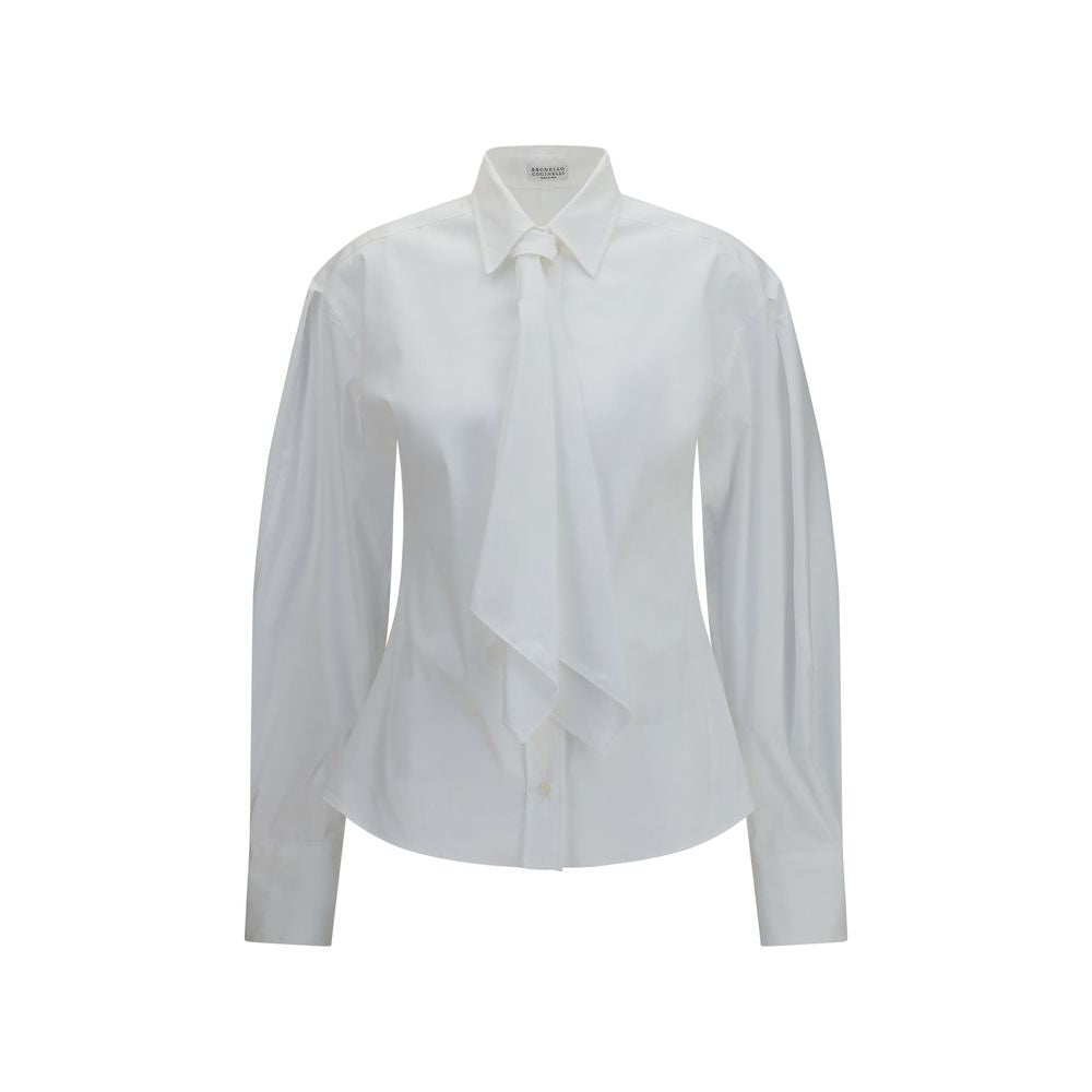 Dress Shirt by Brunello Cucinelli for women in stretch polyamide cotton white features an architectural silhouette with a refined long-sleeve and elegant for a architectural look.