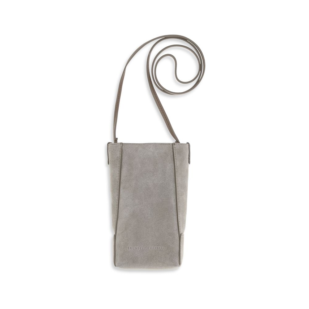 Mobile Phone Case by Brunello Cucinelli for women in bos taurus suede calf leather gray showcases a distinguished silhouette, beautifully capturing the signature design of the Bc Duo Bos Taurus Suede Calf Leather Mobile Phone Case.
