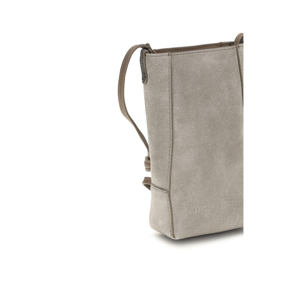 Mobile Phone Case by Brunello Cucinelli for women in bos taurus suede calf leather gray showcases a refined silhouette as part of the Bc Duo Bos Taurus Suede Calf Leather Mobile Phone Case collection, blending premium utility with a sleek finish.