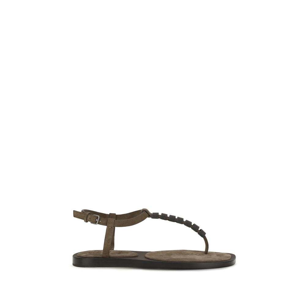 Flat T-Strap Strap Sandals by Brunello Cucinelli for women in bos taurus calfskin leather brown showcases a sculptural silhouette as Women's Bos Taurus Calfskin Leather Flat T-Strap Strap Sandals, defined by a sculptural flat and sculptural for a sculptural look.