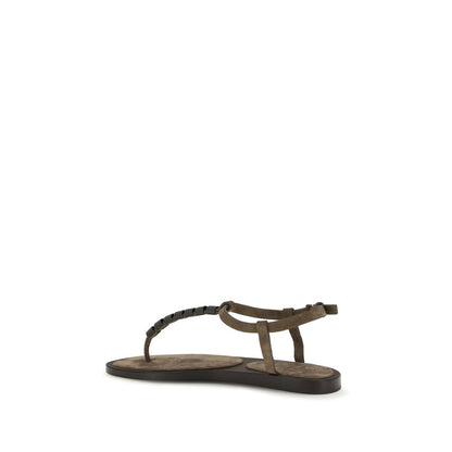 Flat T-Strap Strap Sandals by Brunello Cucinelli for women in bos taurus calfskin leather and brown presents a captivating silhouette, showcasing the signature style of the Women's Bos Taurus Calfskin Leather Flat T-Strap Strap Sandals with a captivating flat and captivating .