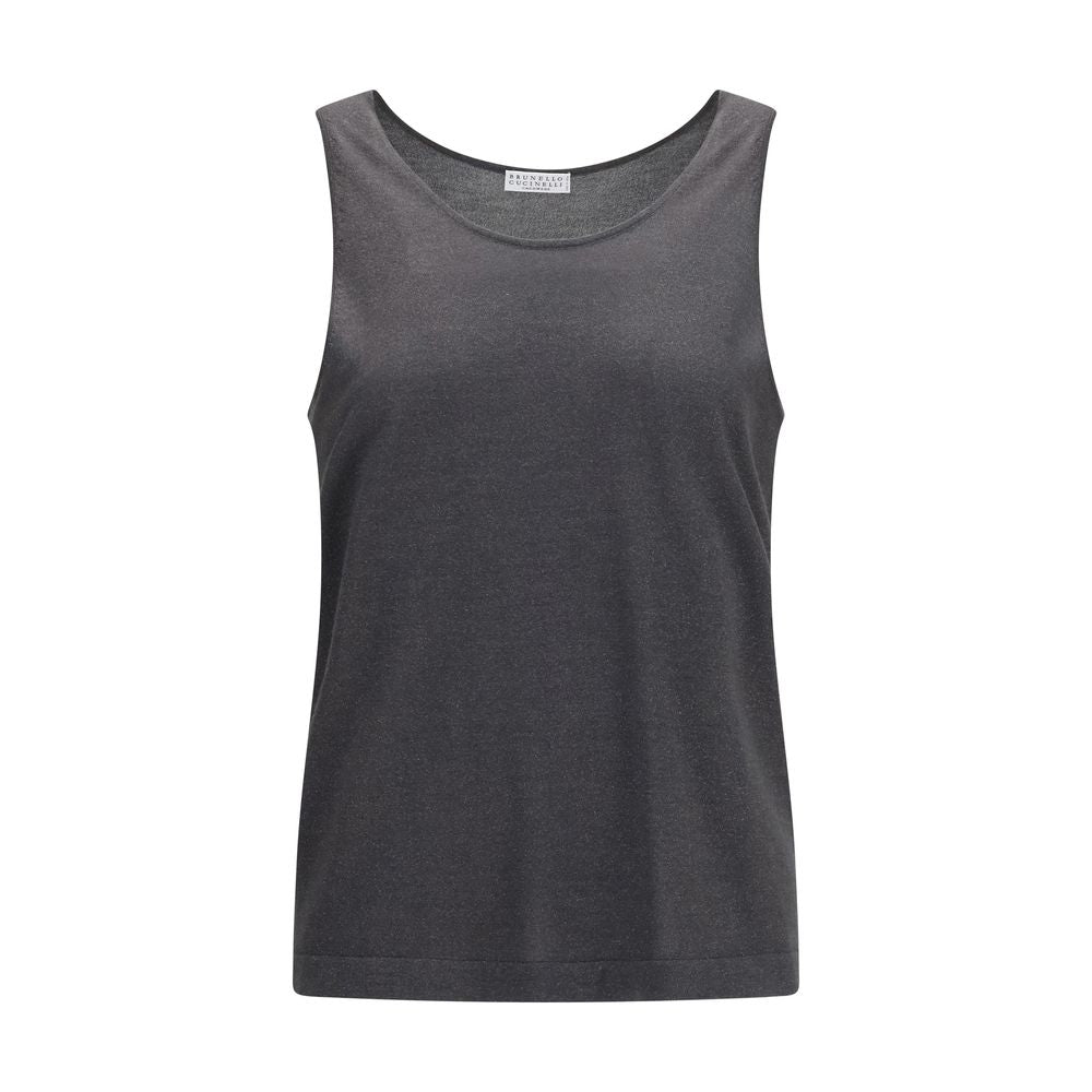 Tank Top by Brunello Cucinelli for women in silk cashmere & polyester gray showcases a perennial silhouette, artfully detailed with a sleeveless design and a perennial round neckline.