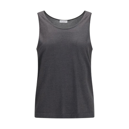 Tank Top by Brunello Cucinelli for women in silk cashmere & polyester gray showcases a perennial silhouette, artfully detailed with a sleeveless design and a perennial round neckline.